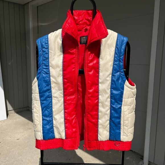 Vintage Red White Blue Nylon Puffer Vest & Jacket 70s-80s Brite N Sassy M - Picture 4 of 11